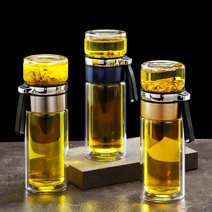 Skleněná láhev s čajovým sítkem, nepropustný cestovní hrnek, dvoustěnný čajový šálek, přenosná láhev na vodu se sítkem, láhev na čaj s oddělením vody