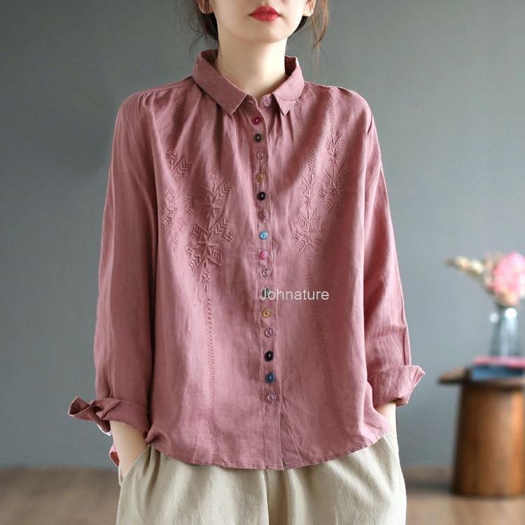 Spring Floral Embroidery Blouse Women Long Sleeve Solid Color Button Shirt Turn Down Collar