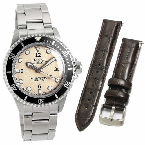 

Мужские дайверские часы STAC Classic Scuba 200 38 мм с центральной секундной стрелкой цвета слоновой кости и ремешком из коричневой крокодиловой кожи (Взаимозаменяемый) - Сделано в японии