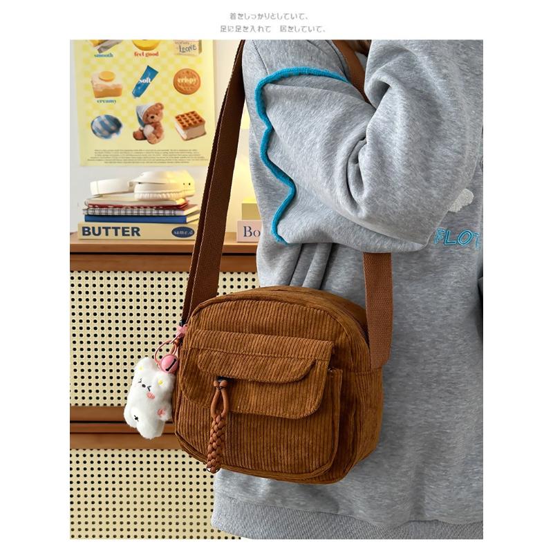 Corduroy Crossbody Bag for Women Casual Shoulder Messenger Bag Small Square Purse with Front Flap Pocket Adjustable Strap Lightweight Daily Handbag