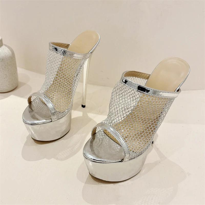 

Модные Eilyken 2025 Новый Дизайн Сетчатая Ткань Сексуальные Женские Шлепанцы Платформа Пип-То Ночной Клуб Шпилька Высокие Каблуки Золото Серебро Женская Обувь 35 серебряный