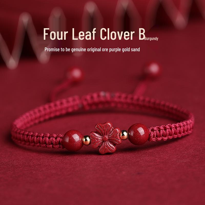 Authentic Cinnabar Four-Leaf Clover Bracelet with Purple Gold Sand and Red Rope for Women and Children