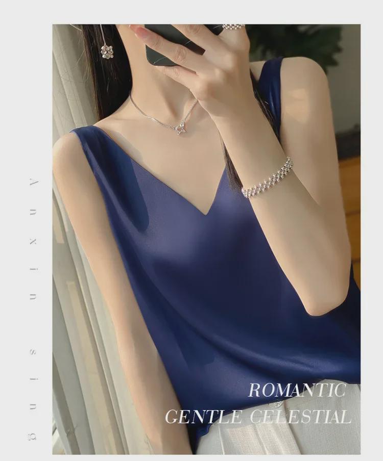 Women's Silk Satin V-Neck Camisole with Spaghetti Straps – Trendy Spring/Summer Slim Fit Inner Top