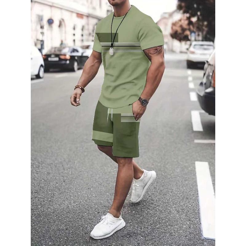 Summer  Arrival Men's Casual Two-Piece Set Striped Print Short-Sleeve Shirt and Athletic Shorts Set