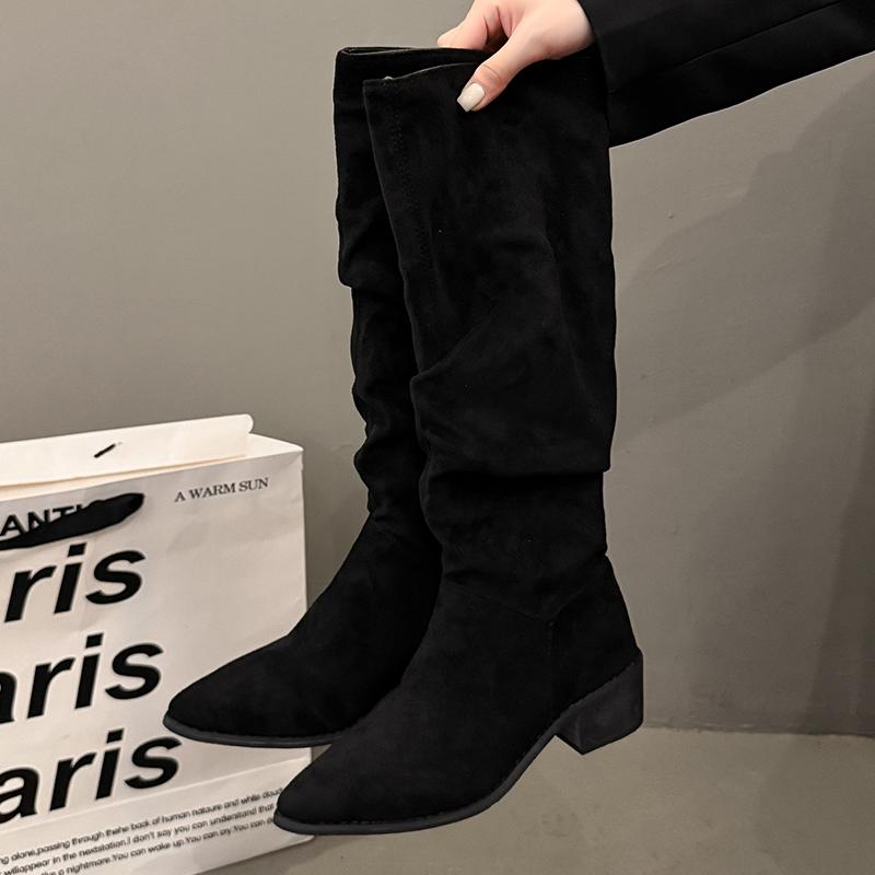 Fashion Vintage Thick Heel Pointed Toe Woman Knee High Boot Autumn Winter Women's Shoes Ladies Concise Pleated Long Booties