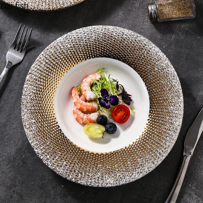 Golden Ceramic Dining Plate Pasta Dish Steak Plates Grass Hat Soup Plate Dessert Bowl Serving Plates Fruit Salad Bowl Sushi Dish