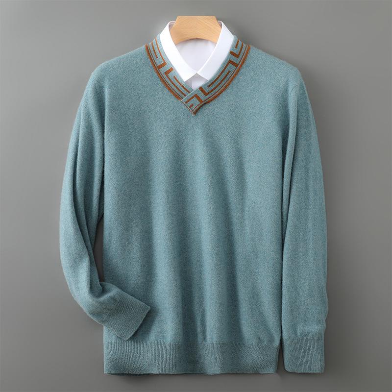 2025 A/W Men s V-Neck Color Block Wool Sweater: Business Casual Knitwear XXL