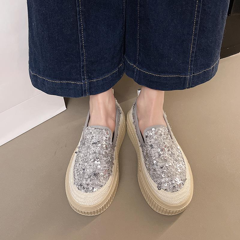 

Women s 2025 spring and summer one-pedal fashion sequined platform fisherman shoes women s breathable casual single shoes 40 серебряный