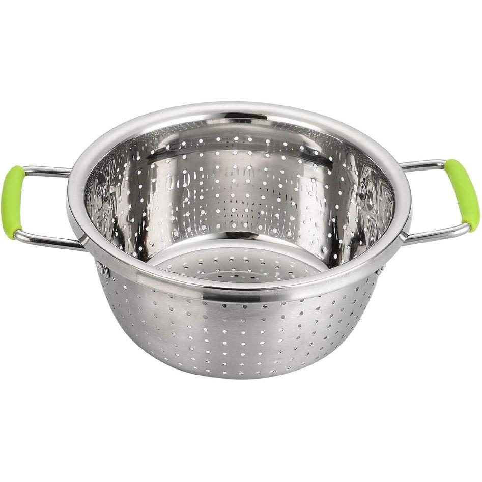 Stainless Steel Deep Colander Micro-perforated 2.5 Quart Metal Food Strainer with Green Silicone Handles for Draining Pasta Cleaning Food Like Fruit