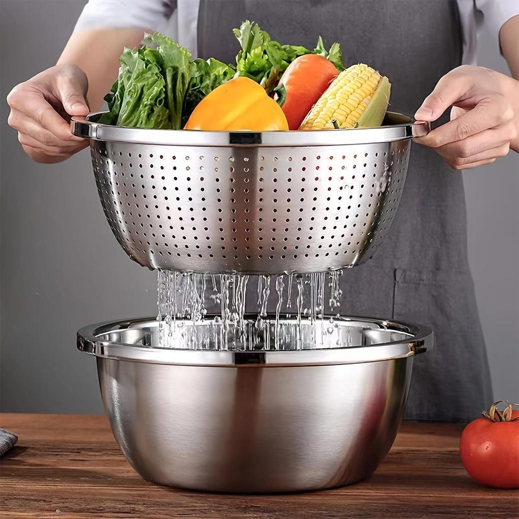 1pc Kitchen Bowl Strainer Holes Washing Rice Sieve Strainer Fruits Vegetable Drain Bowl Stainless Steel Mesh Storage Basin Plate
