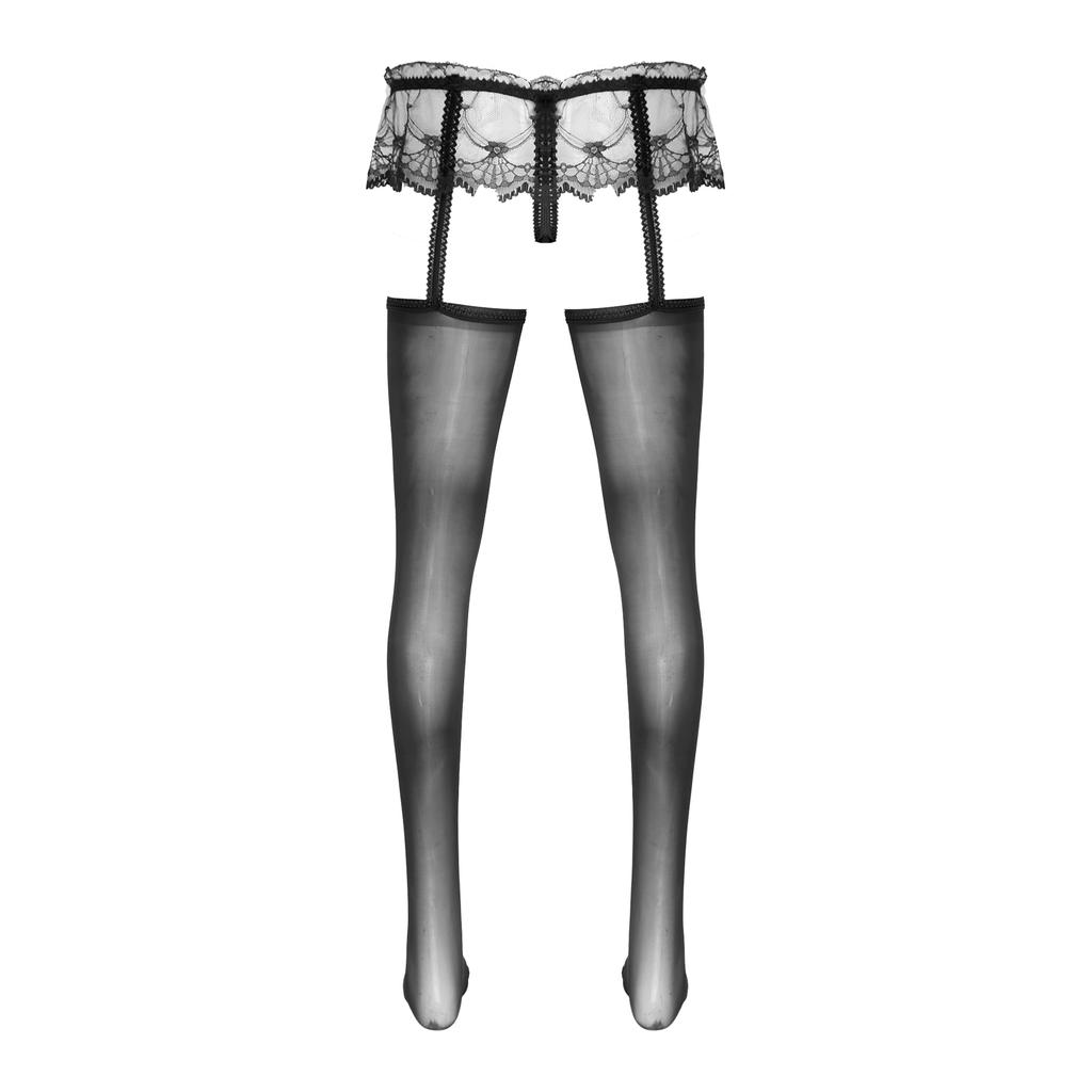 Pánské průsvitné krajkové kalhotky se sukýnkou, vykrojené, s vypouklou kapsou, G-string s lesklými podvazky