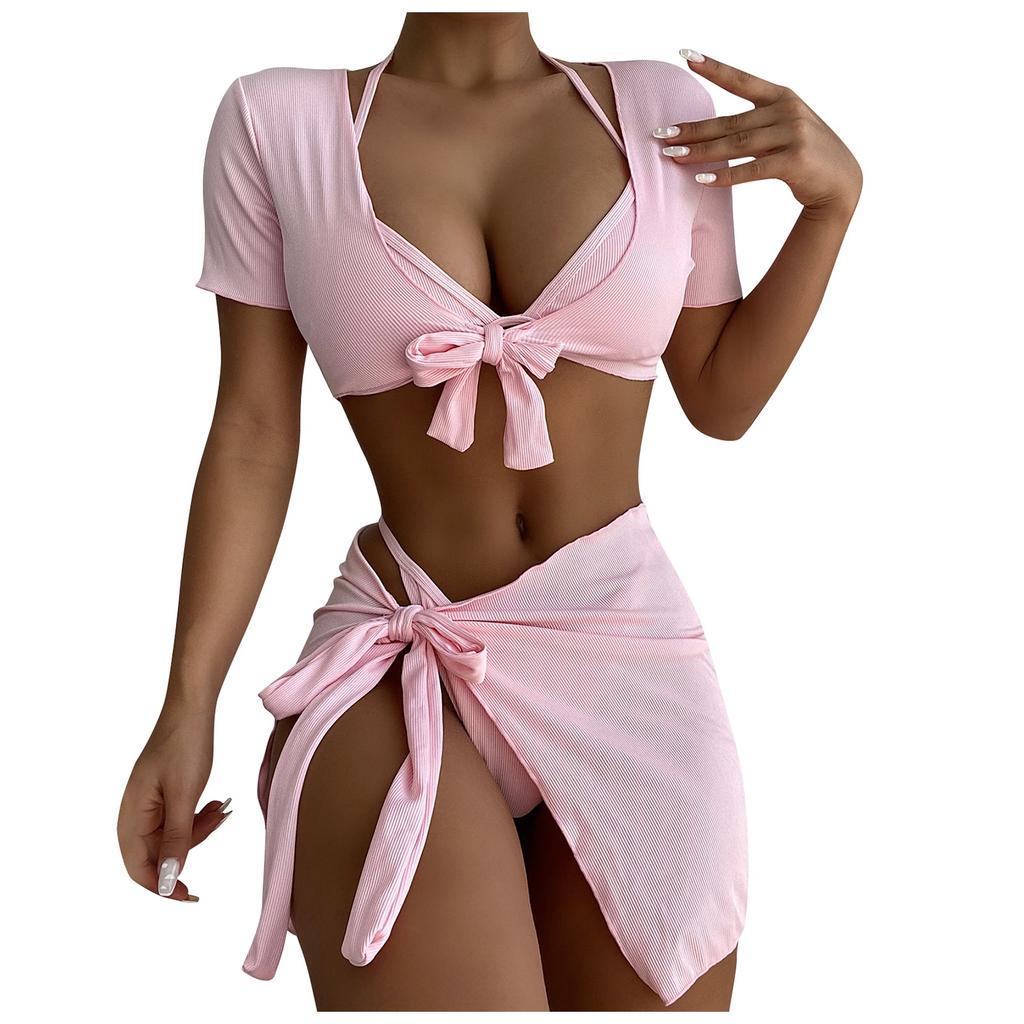 Women Sexy Fashion Bikini Solid Color Four Piece Swimsuit