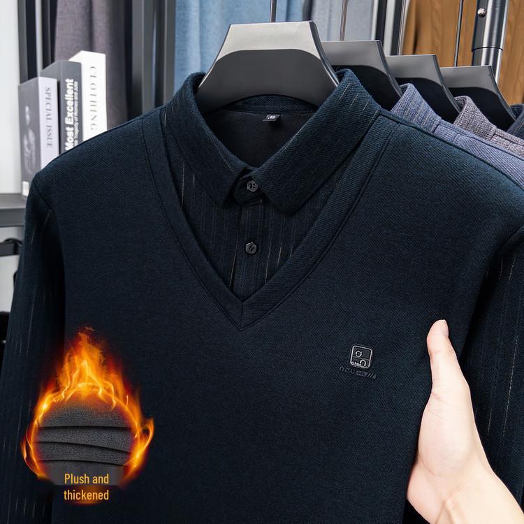 2025 Men's Winter Long Sleeve Lapel Knitwear - Thickened Two-Piece Style, Plus Velvet, Warm Base Layer for Middle-Aged Fathers