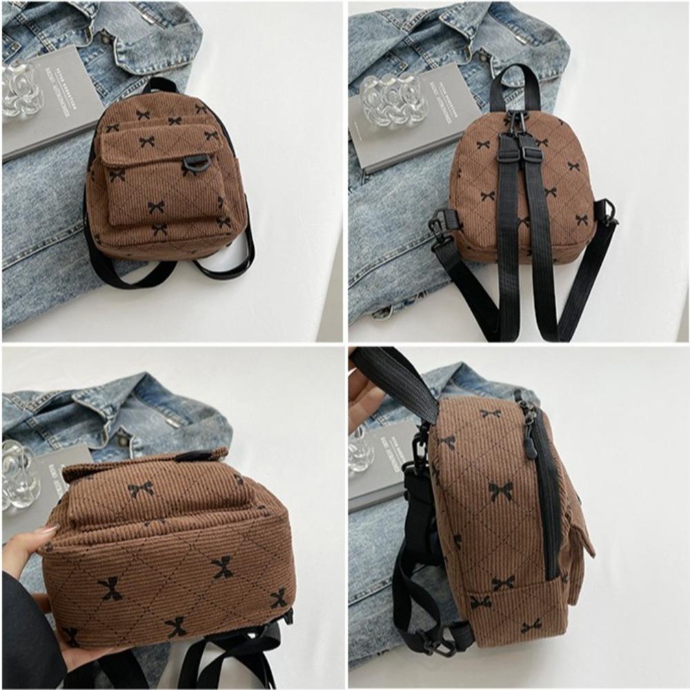 New Mini Backpack Corduroy Bowknot Printed Storage Bag Korean Version Sweet Rucksack Girls