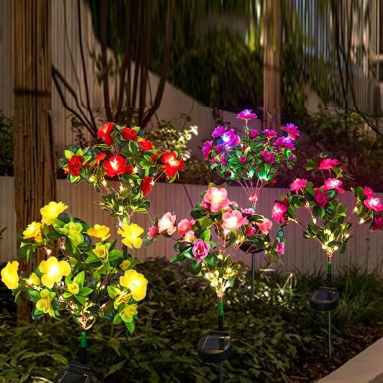 4Pcs Artificial Azalea Solar Light with Stake IP65 Waterproof Outdoor Garden Yard Pathway Patio Yard Lawn Faux Flower Decoration Lamp with 56 LED