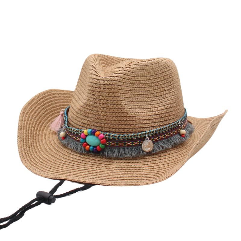 Cowboy Straw Hat Women's Summer Travel Sun Protection Visor Year New Ethnic Style Jazz Hat Big Brim Beach Hat