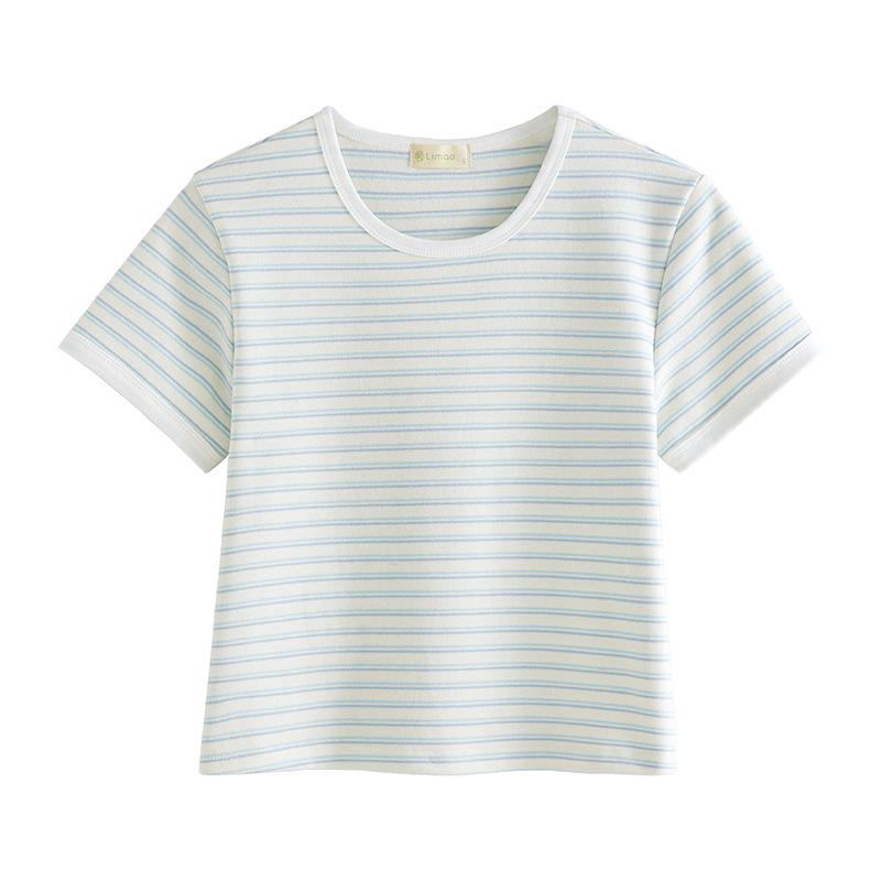 Women’s Striped Round Neck Short Sleeve T-shirt - New 2026 Summer Fashion, Combed Cotton, Versatile Color Block Design.