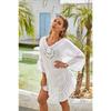 Women White Loose Crochet Flower Hollow Tassel Beach Cover Up Bikini Outerwear