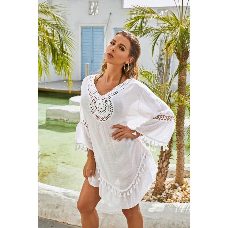 Women White Loose Crochet Flower Hollow Tassel Beach Cover Up Bikini Outerwear