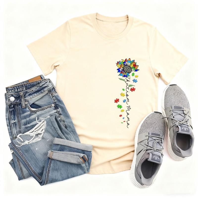 Autism Mama Sunflower Shirt Neurodiversity Awareness Crew Neck Short Sleeve Cotton Top All Seasons Casual Fashion Comfortable