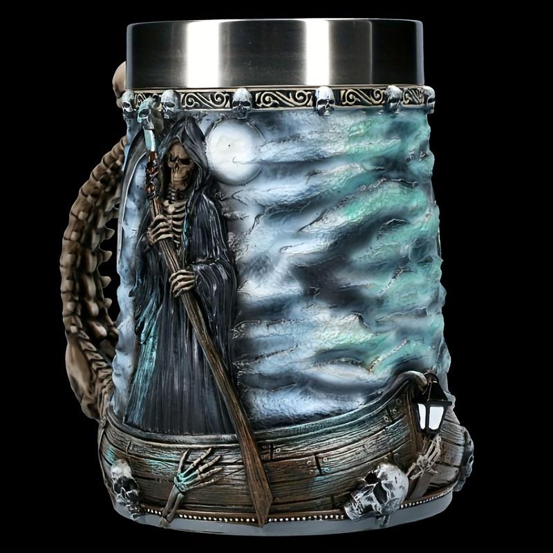 2025 New 2oz /600mlHalloween Mug Death Coffee Mug Stainless Steel Beer Cup, Skull Shaped Cup Birthday Gifts Mugs Coffee Cups