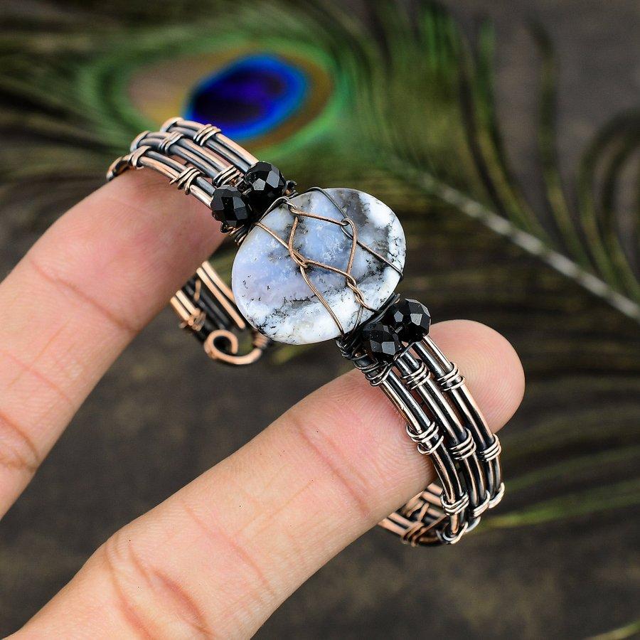 Natural Dendrite Opal Handmade Copper Wire Wrap Cuff Bangle Adjustable W5w23