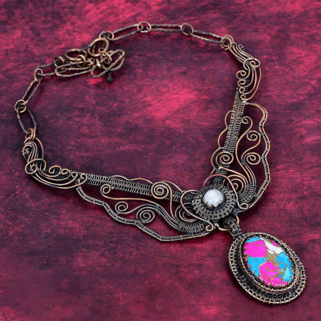 Colar Turquesa Algodão Doce Joias de Pedra da Lua Arco-Íris Colar Ajustável Enrolado em Fio de Cobre