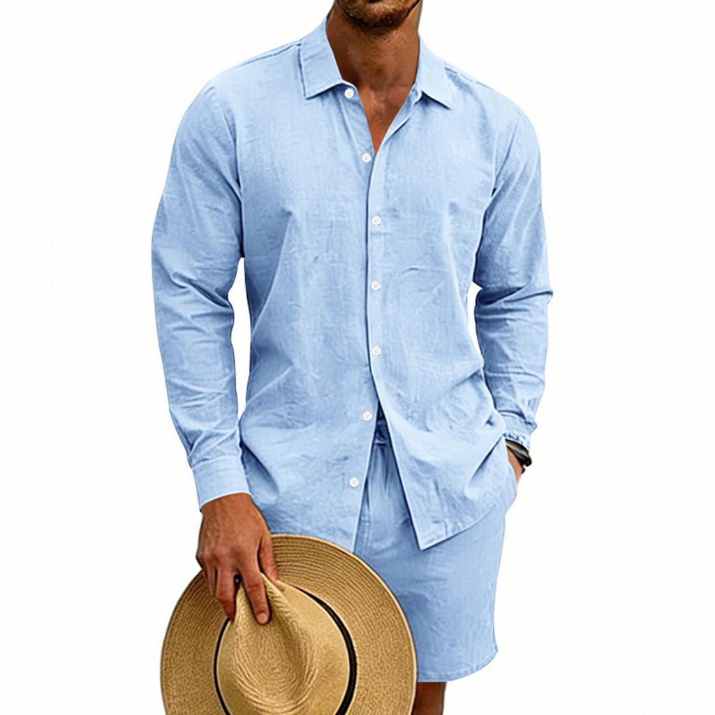 Men's Cotton And Linen Casual Long-Sleeve And Shorts Set