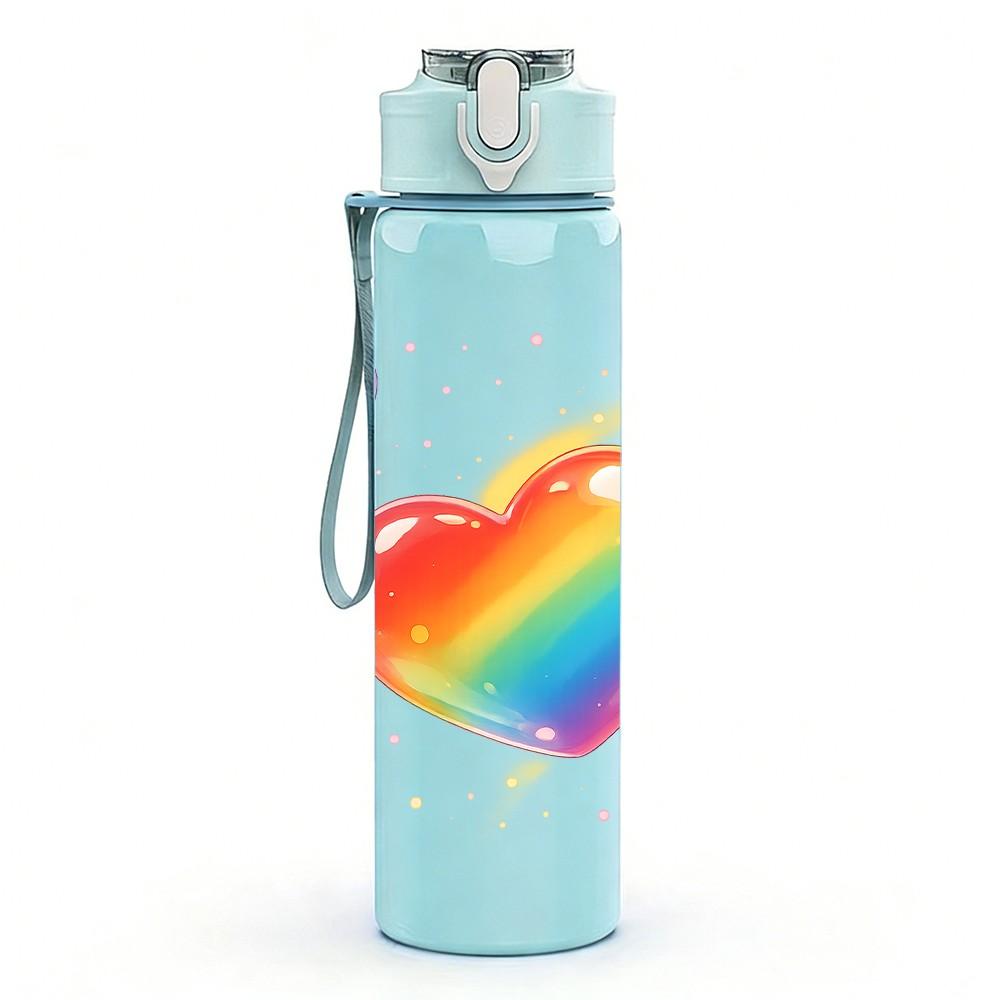 1PC Rainbow Gradient Heart Love Print 750ml Color Plastic Sports Water Bottle Leakproof Flip Straw Lid Suitable for Sports Office Home Use
