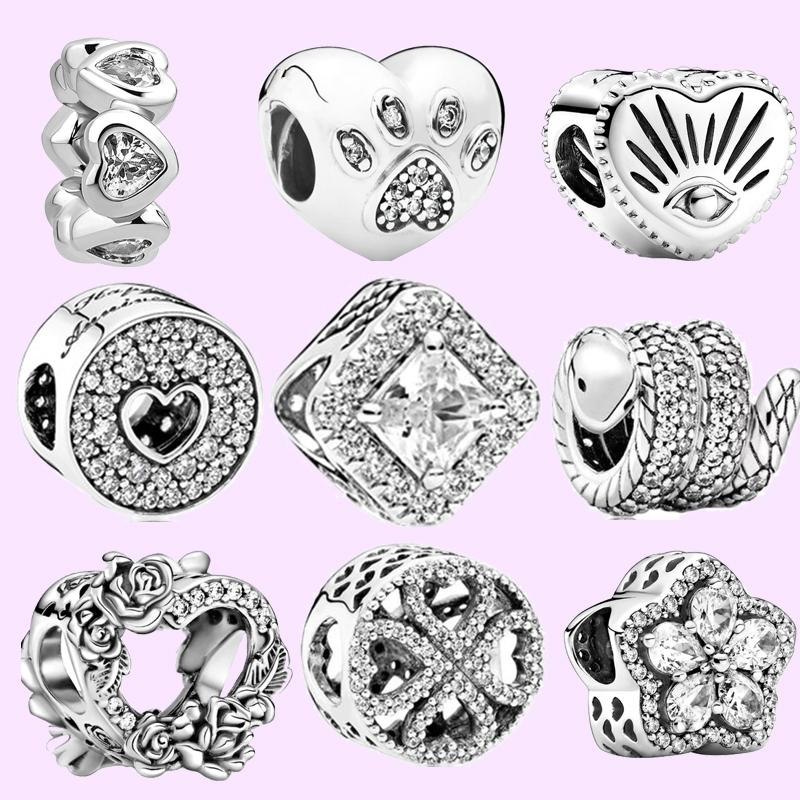 Prata de Lei 925 Cobre Zircônia Cúbica Transparente Floco de Neve Herbário Brilhante Contas Pave Cabem Pulseira de Berloques Pandora Original DIY Europa Zircônia