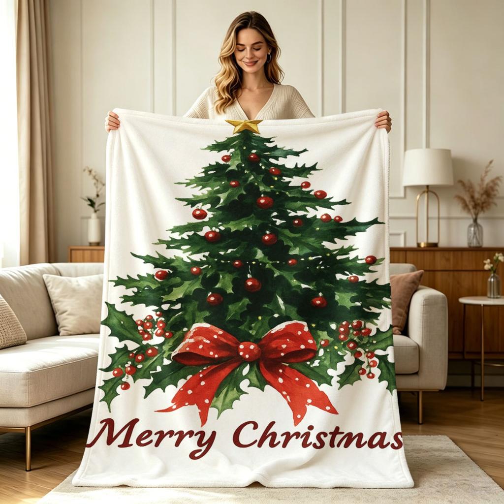 Soft Warm Flannel Blanket with Christmas Tree Holly Bow Print All Season Throw Blanket for Couch Sofa Bedroom Office Living Room Home Decorative Holid