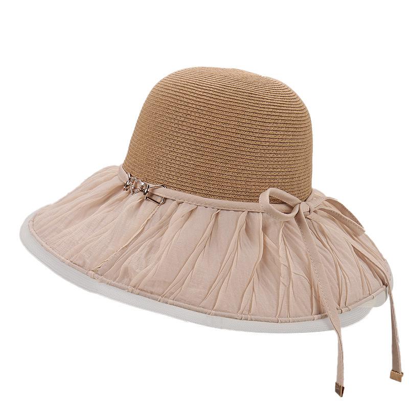 Summer new pleated bow light luxury temperament mesh gauze hat women's outdoor travel versatile big eaves fisherman hat