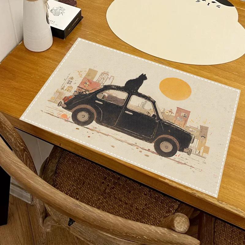 1PC Cartoon Black Cat Print Placemat Dining Table Decor Linen Tableware Coaster Set Kitchen Accessories For Kids Birthday Party