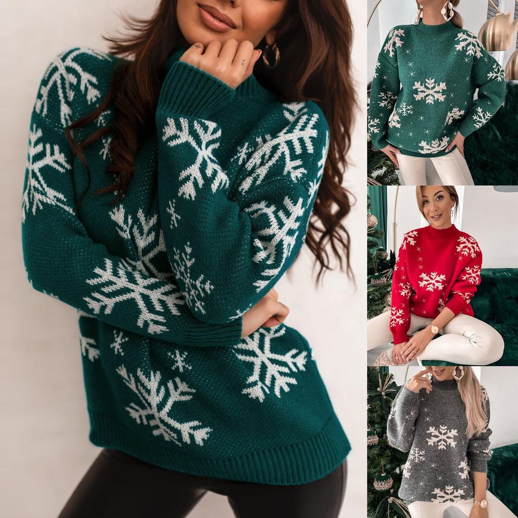 Women's Long Sleeve Turtleneck Christmas Printed Knitted Sweater Top T-Shirt