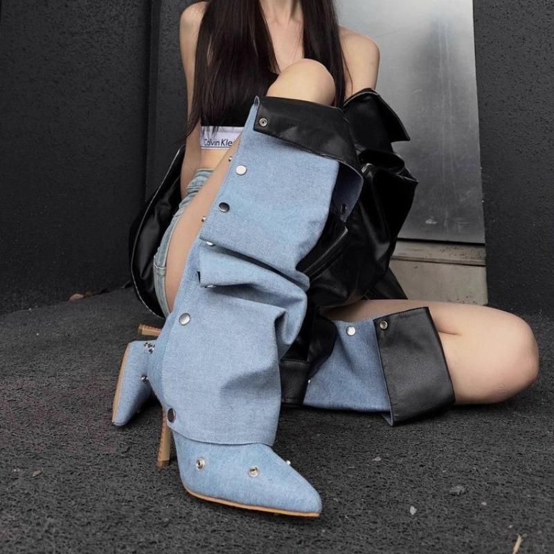 Fashion Black Platform Shoes Long Boots Women's Style Metal Belt Long Boots
