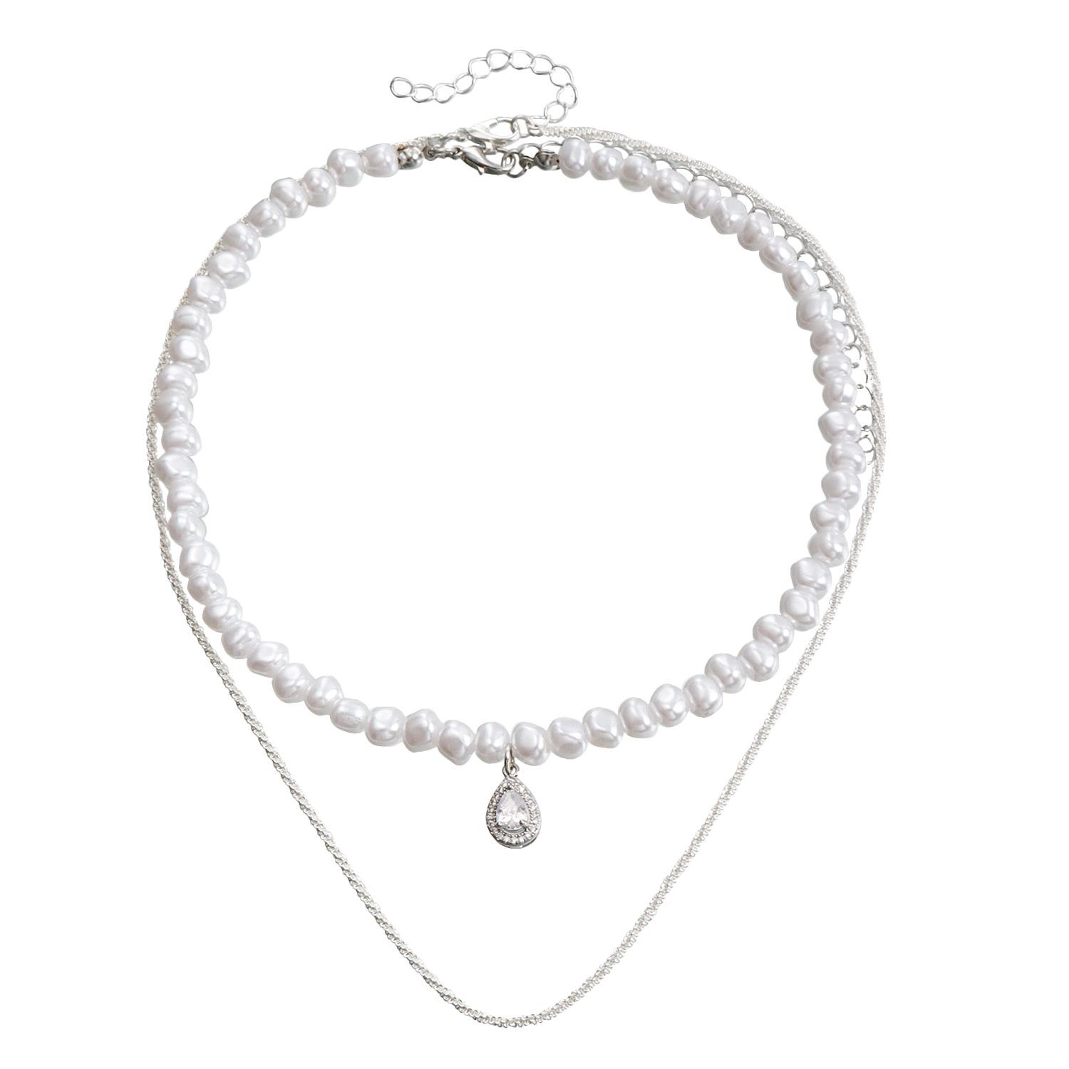 

Vintage niche double-layer baroque imitation pearl necklace women s European and American light luxury water drop zircon pendant серебряный