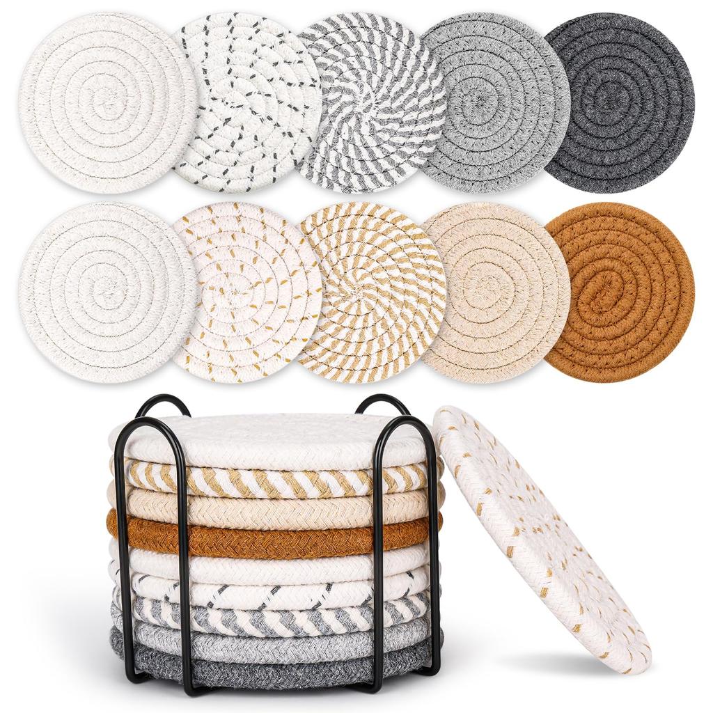 Drink Coasters with Holder, Absorbent Coasters for Coffee Table, Minimalist Cotton Woven Coaster Set for Home Decor Tabletop Protection .