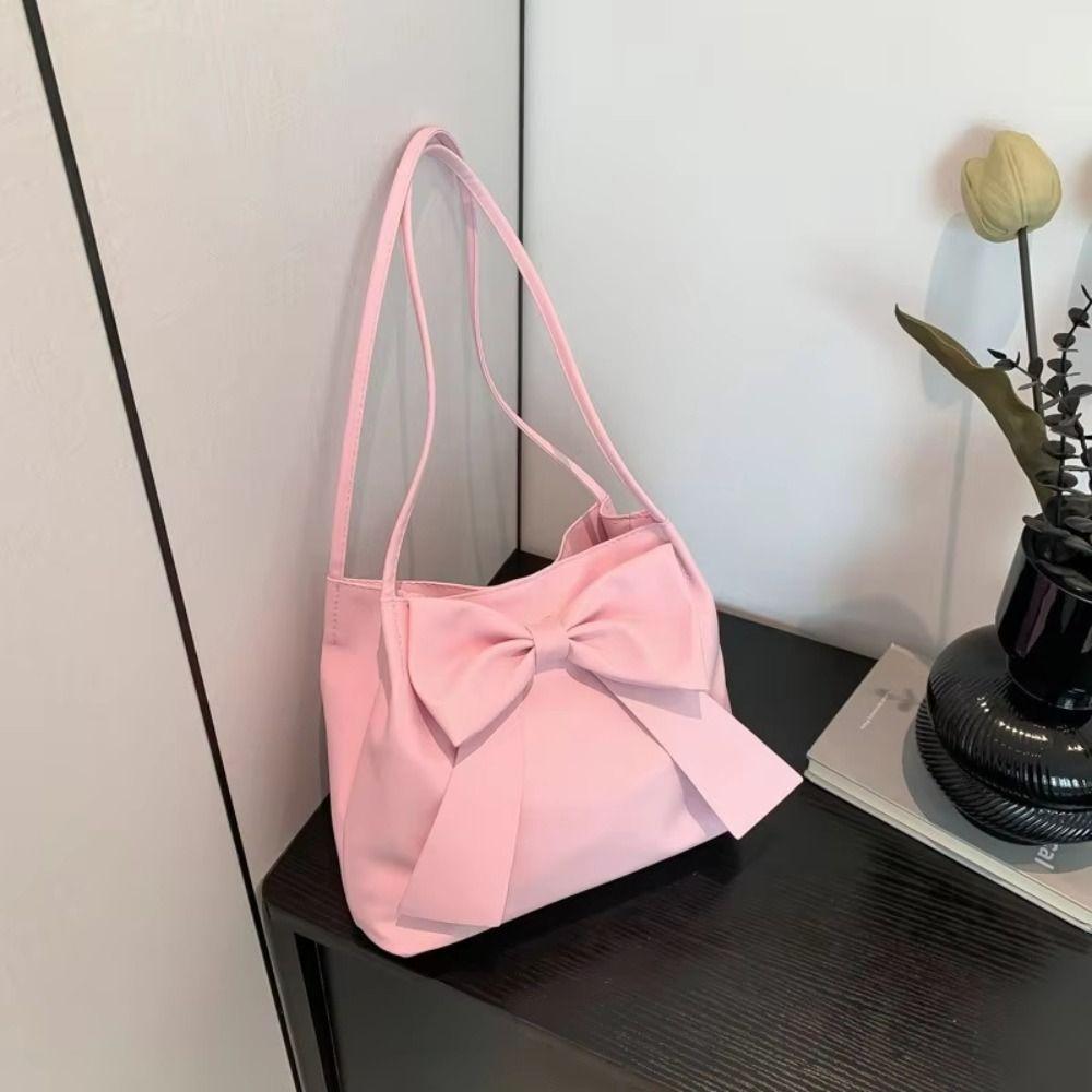 Solid Color INS Tote Bag Bucket Bag Fashion Underarm Bag Simple PU Bow Shoulder Bag  Women