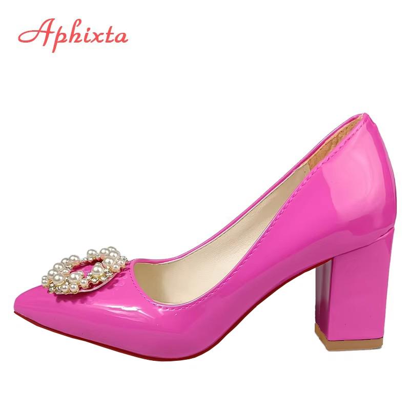 Fashion Aphixta New 7cm Square Heel Baby Pink Pearl Crystals Buckle Patent Leather Women Pumps Officile Pointed Toe Shoes Big Size 35-53