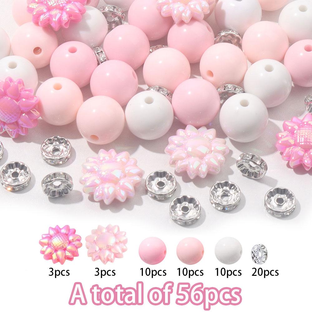 56pcs acrylic decorative beads, including 30 15.5mm round acrylic beads, 6 acrylic flower shaped beads, and 20 10mm shiny spacer beads