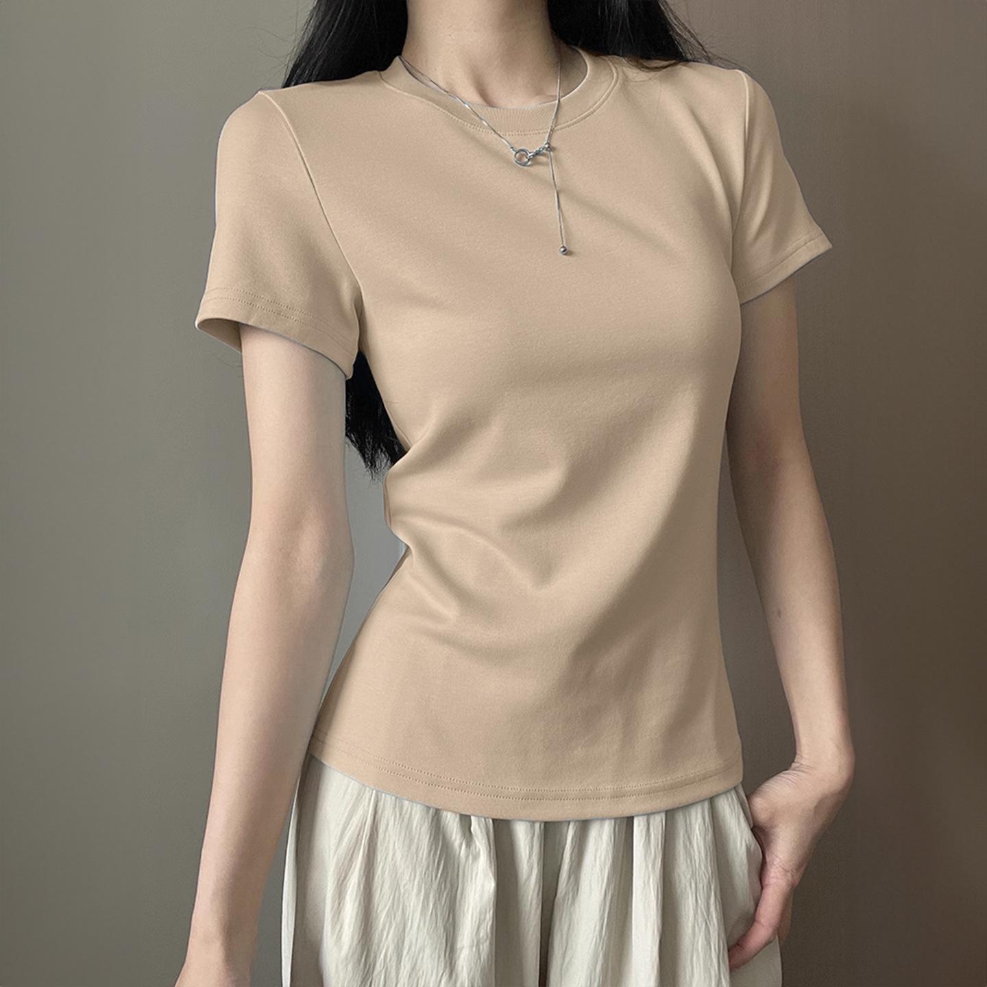 

2026 Women s Slim Fit Round Neck Short Sleeve White T-shirt with Waist-cinching Design Large
