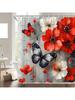 Rote Blume Duschvorhang Retro Burgunder Floral Schmetterling Grau Vintage Abstrakt Blüte Pflanze Badezimmer Dekor Vorhänge Polyester