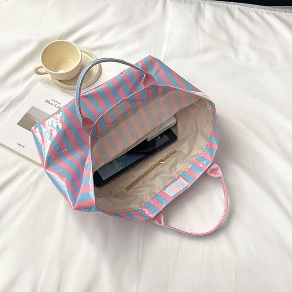 Stripe PVC Striped Tote Bag Letter Print Letter Prints Handbags Grocery Handbag