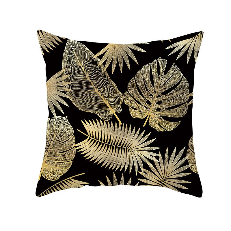 Home Furnishings Black Gold Leaf Print Cushion Cover Office Cushion Cover Waist Pillow Cover