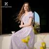 French V-Neck Puff Sleeve Embroidered Jacquard Dress