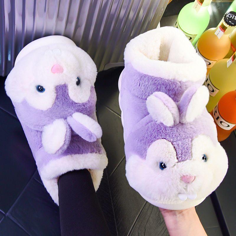 Fashion Women Winter Warm Shoes 2025 Plush Lining Indoor Cotton Slippers Cute Rabbit Soft Fur Couple Platform High Top Snow Boots
