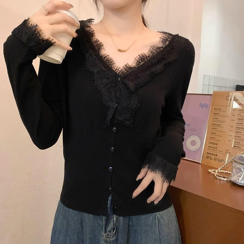 

Свитер с V-образным вырезом и кружевной отделкой для женщин на осень и зиму. Высококачественный свитер с открытой ключицей, кардиган в западном стиле. One Size