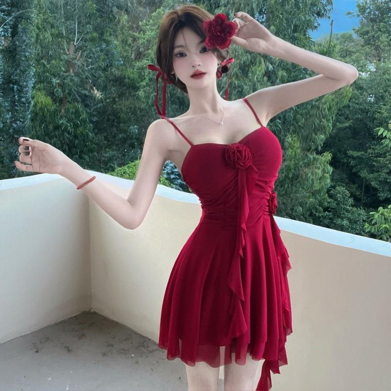 Gentle wind flower streamer ruffle high elastic slip dress women's summer waist sexy fringe niche short skirt