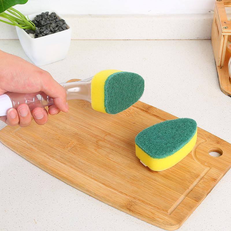 Cleaning Sponge Kitchen Brush With Extended Handle And Detergent Tool Dispenser