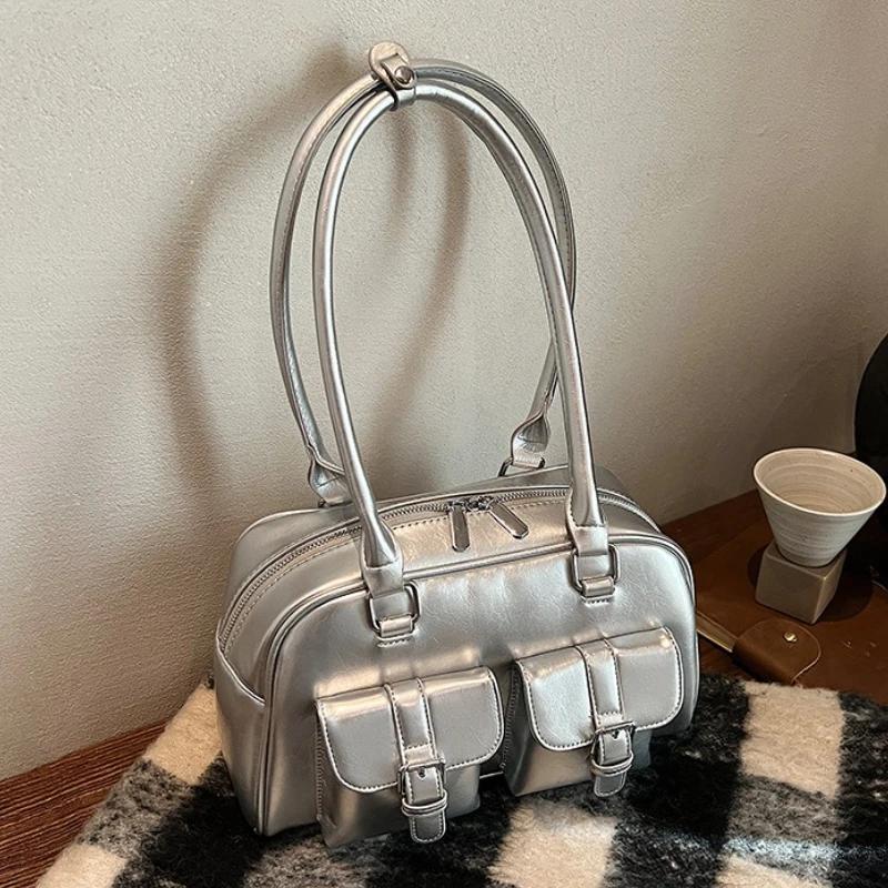 Retro PU Leather Double Pockets Underarm Bags For Women 2026 Winter Y2K New Korean Fashion Female Shoulder Bag Stylish Handbags